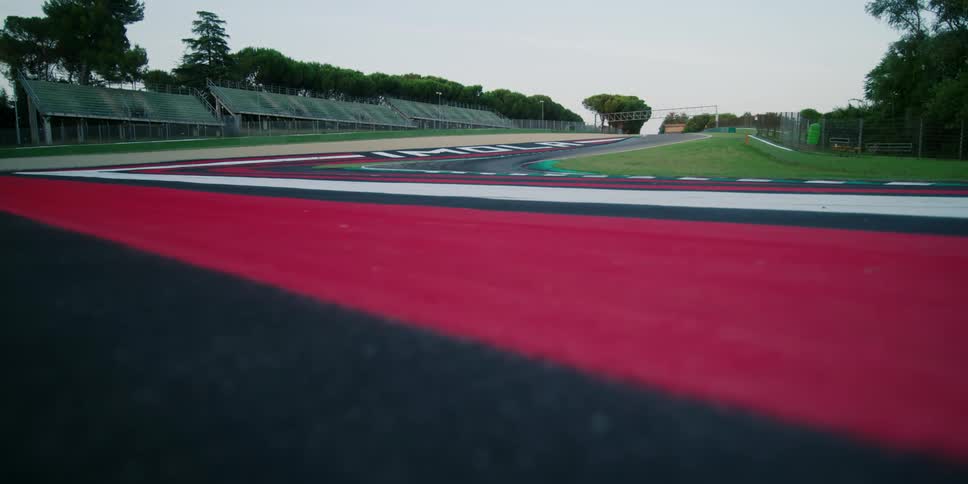 The race track is empty on a cloudy day