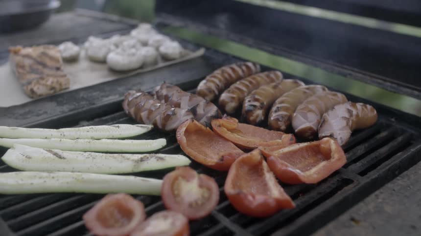 A grill covered in food