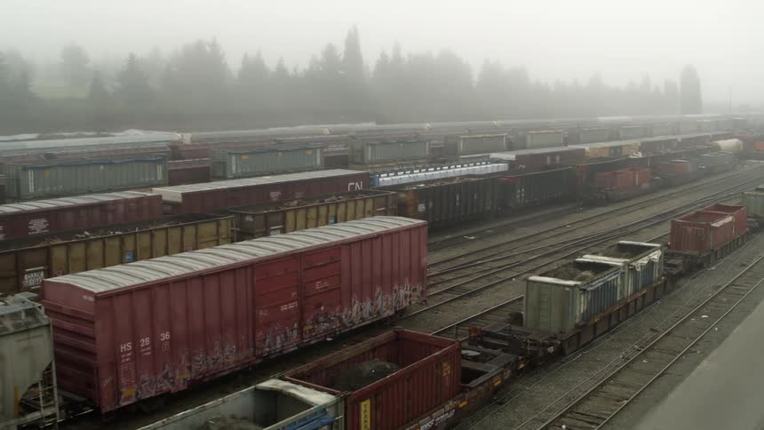 Fog looms over train cars parked at a large rail yard facility