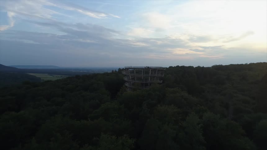 An aerial view of architecture in the middle of a forest