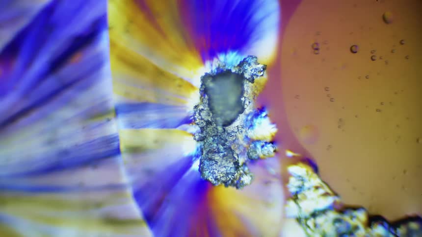Blue and gold colors moving inwards towards a clear texture under a microscope
