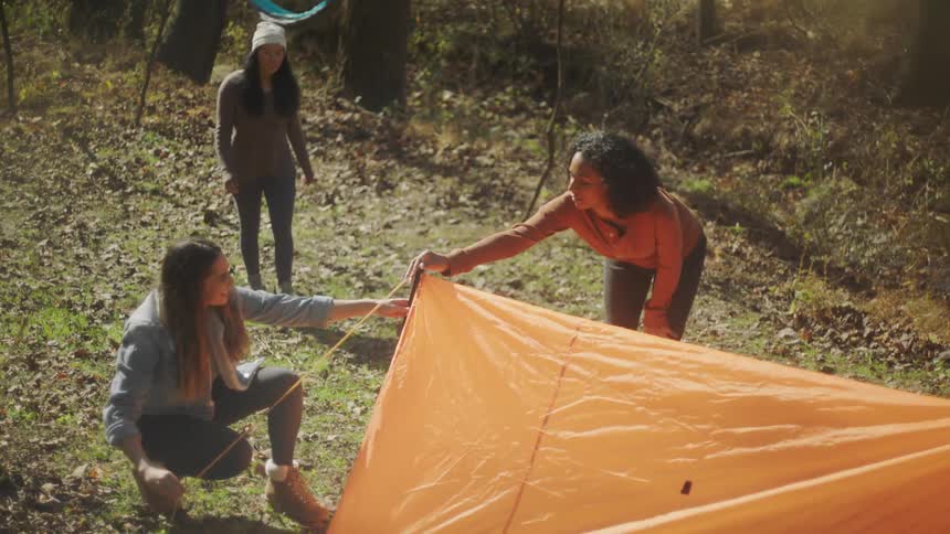 A pair of young women watch and assist as another young woman assembles a tent in a woodland during the day
