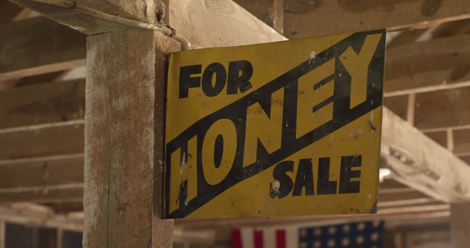 A close up on a honey sign in attic