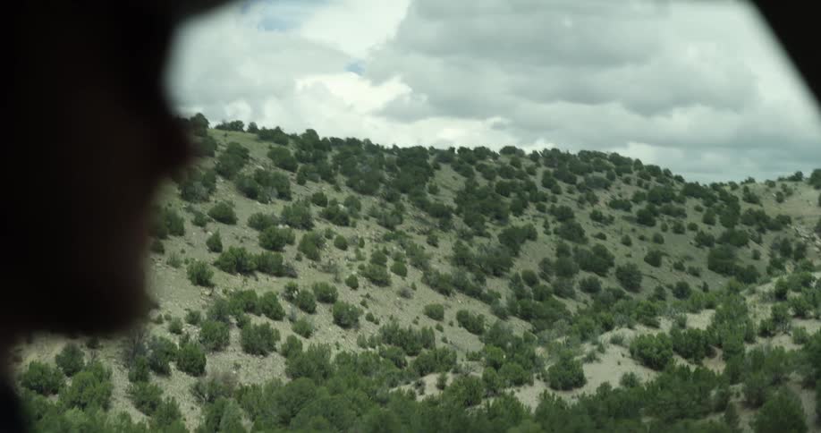 Man in vehicle moves past scrub covered hills