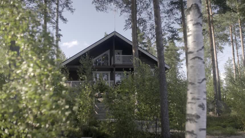 A two story house sits amidst tall trees being swayed by the wind