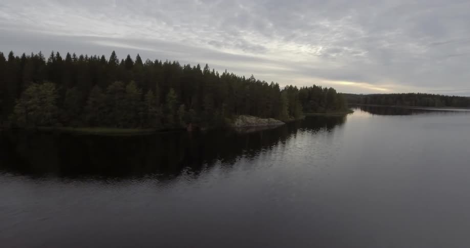 Aerial view of a lake lined with trees