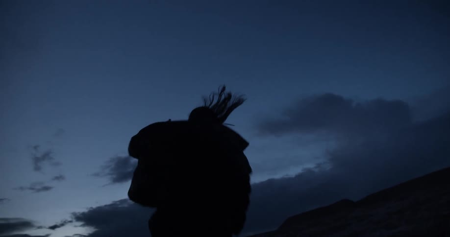 Silhouette of a long haired person jumping playfully outdoors at evening