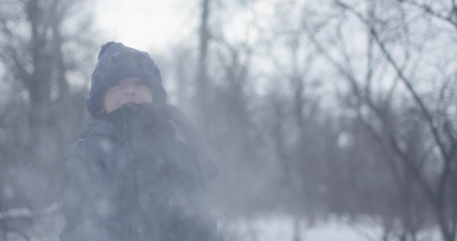 A boy with gloves a hat a coat and a scarf throwing snow with trees the sky and clouds in the background
