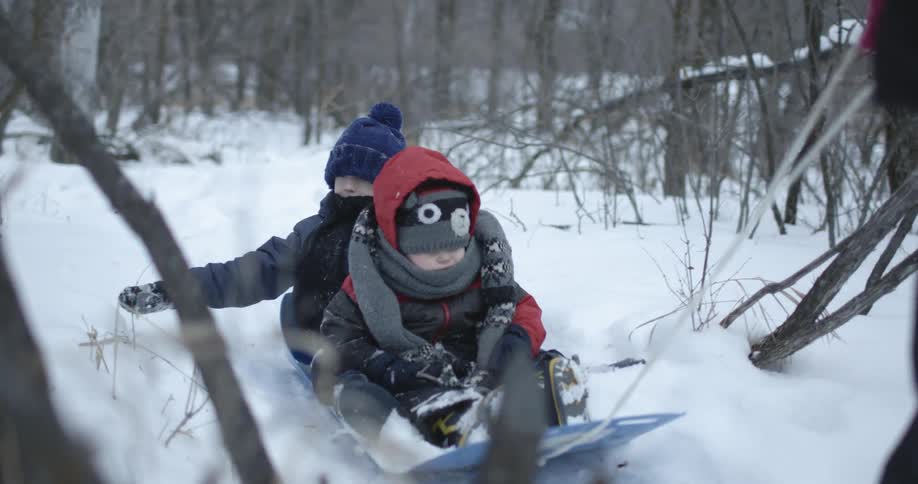 Adult pulls two kids sitting on sled through snow covered woods