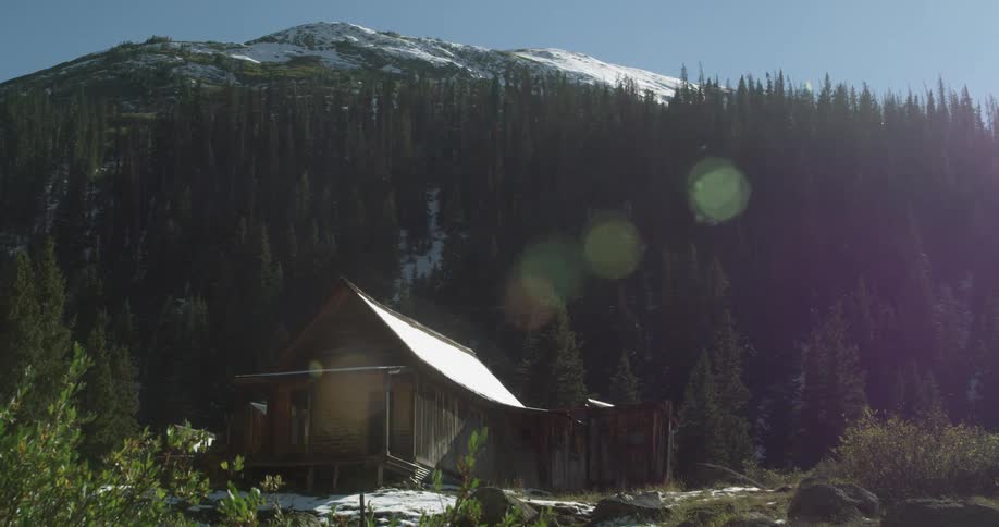A cabin with plants in the foreground with trees a mountain range the sky and clouds in the background