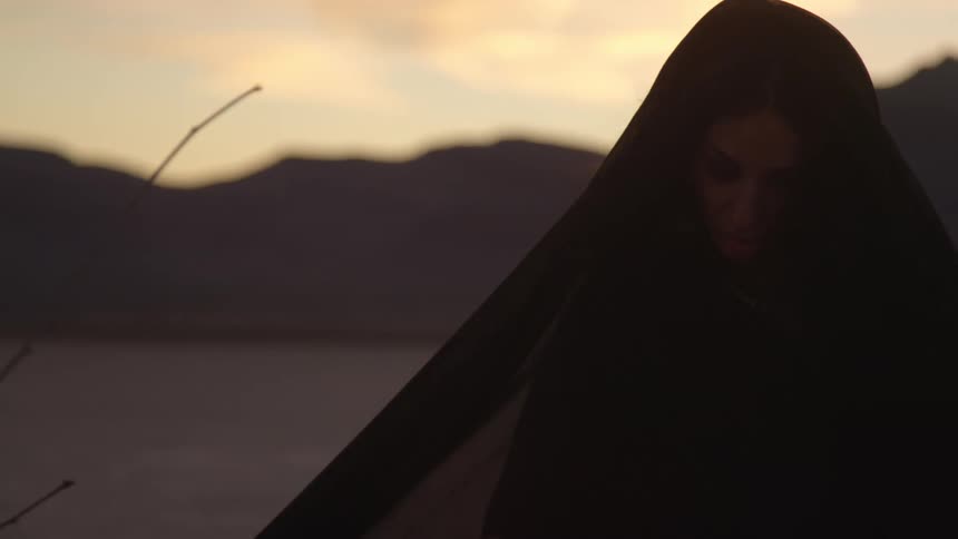 A woman in a flowing black headscarf grabs onto barren branches as walks through the desert