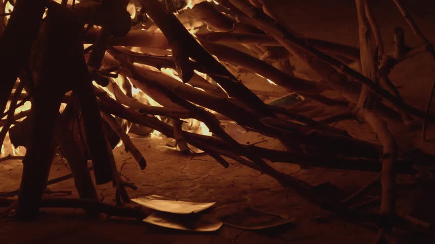 Dead dry branches surround flames as a fire burns on dry cracked earth