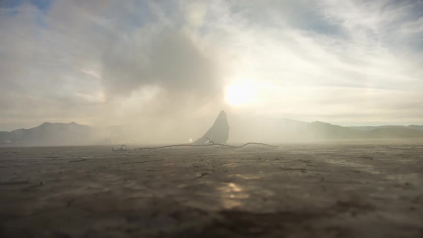 Person wearing robe with train walks across arid cracked dirt on hazy day with sun shining past mountain