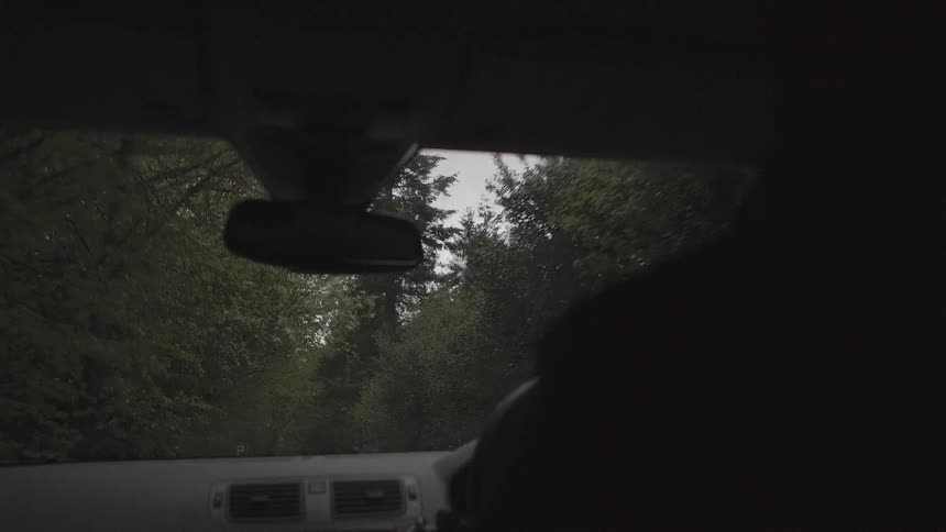 Windshield wipers swipe back and forth in a moving car during the day