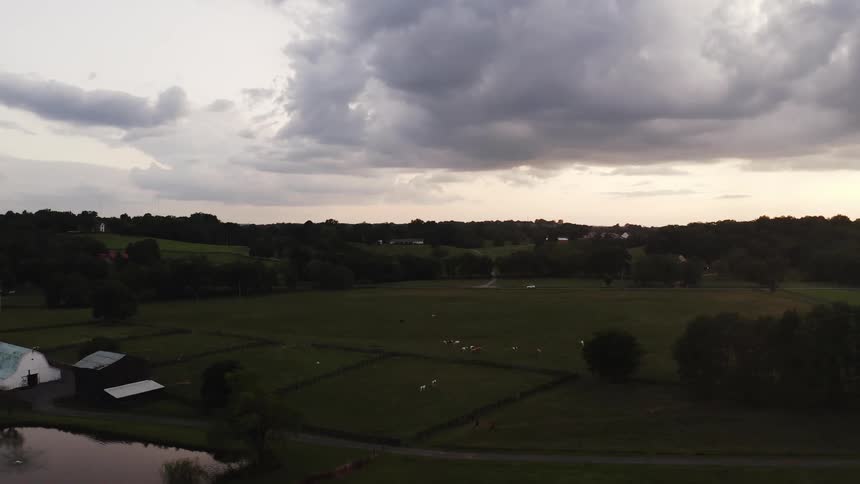 Farmland with cattle in the field and many trees surrounding the area under a cloudy sky