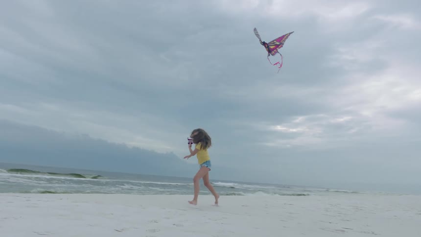 A father and daughter playing with a kite at the beach