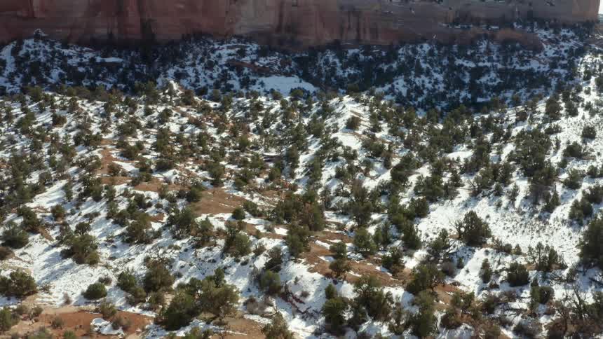 A valley between two mountains covered in evergreen vegetation soil and snow during the day
