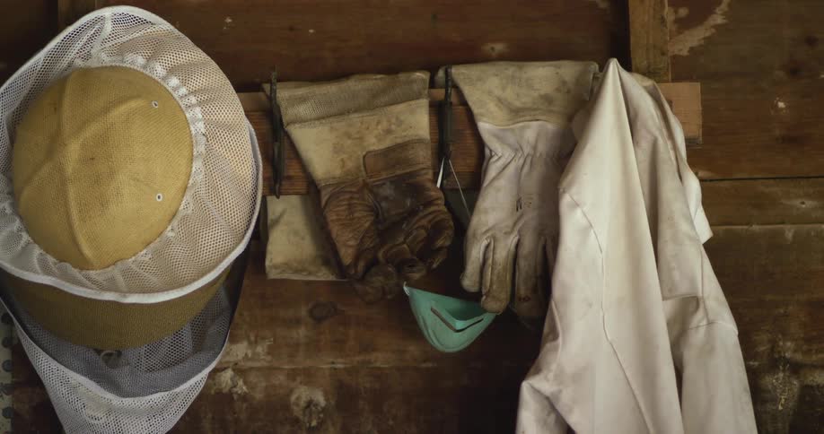 Beekeeping helmet with netting and coveralls hang on hooks on a wooden wall