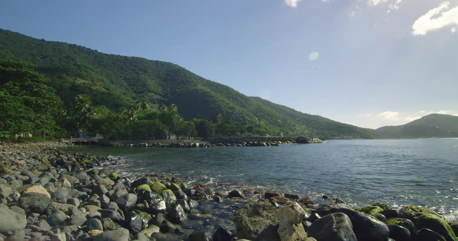 The wate hits the rocks by the shore