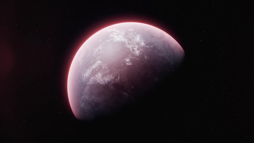A red alien planet floats in outer space