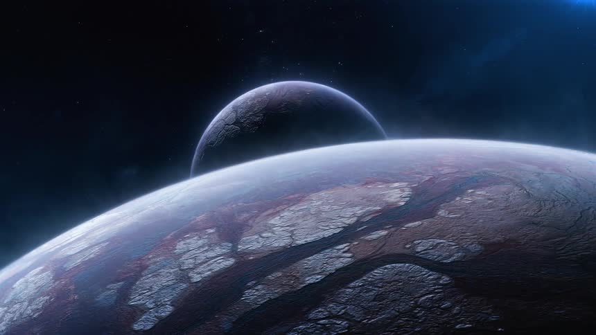 Moon rising over a planet floating in space