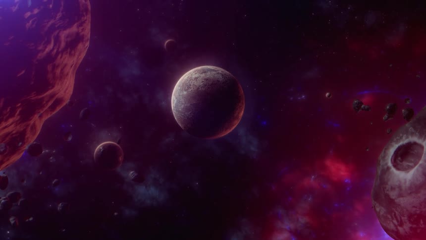 Planets rotating in space with asteroids flying by them