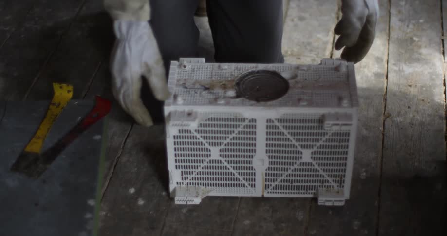 Beekeeper kneelign inside a shed to pick up a plastic hive