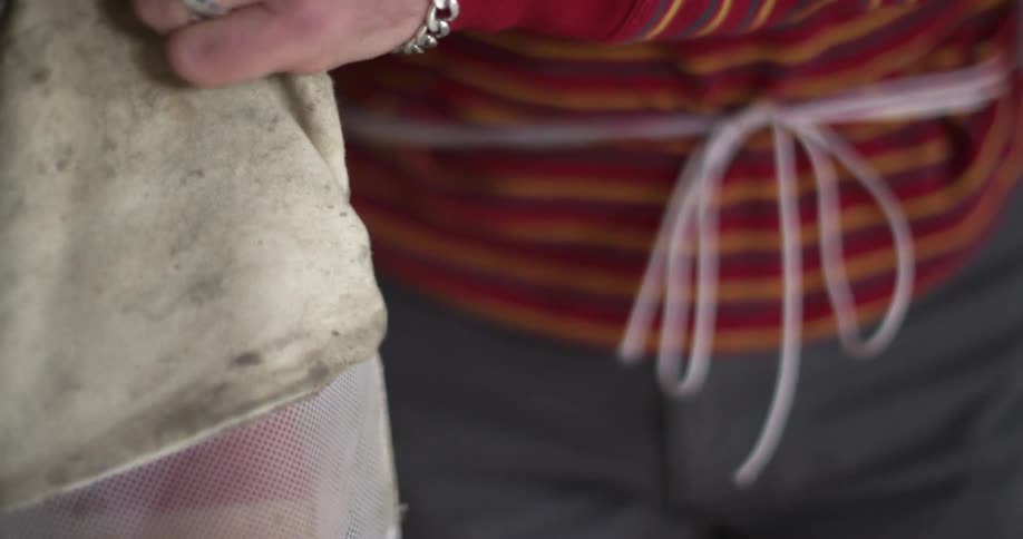 A beekeeper pulling on a glove
