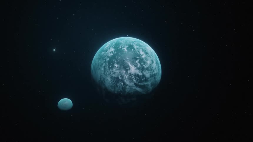 An Earth-like alien planet and its moon in space among the stars