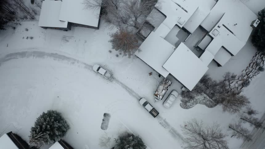 Aerial view of snow covered land and homes with two people walking indoors down below at daytime