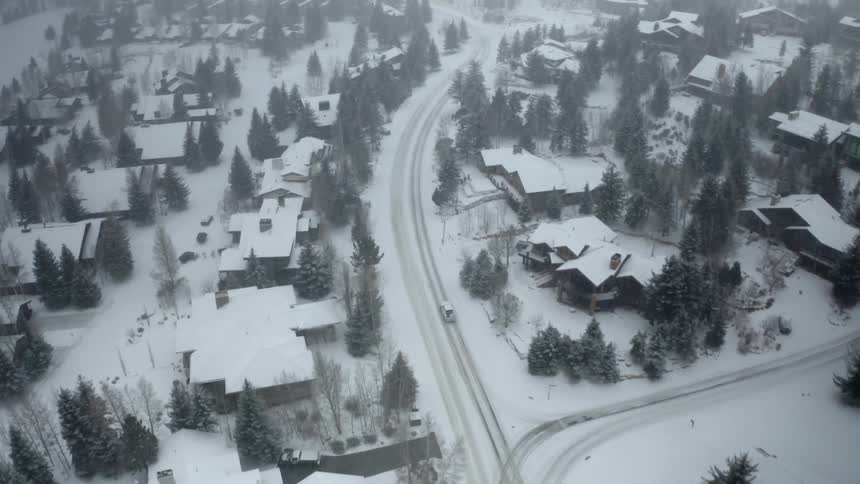 A town with houses and trees covered in snow with vehicles driving on a snowy road
