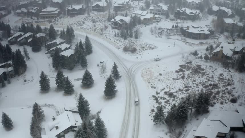 Vehicles drive on the snow covered road through town