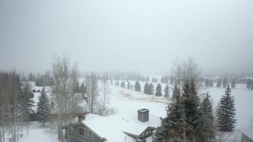 A town with snow covered houses and trees with the sky and clouds in the background