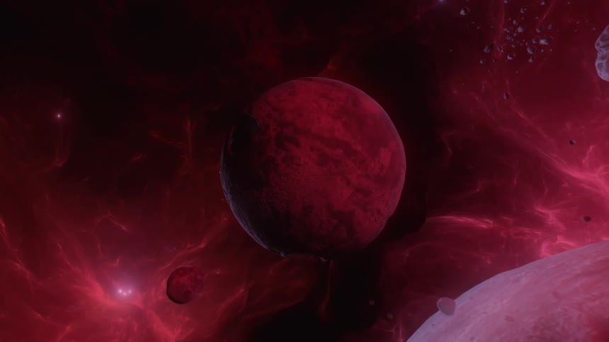 A planet in space behind a large asteroid rock in a pink sky