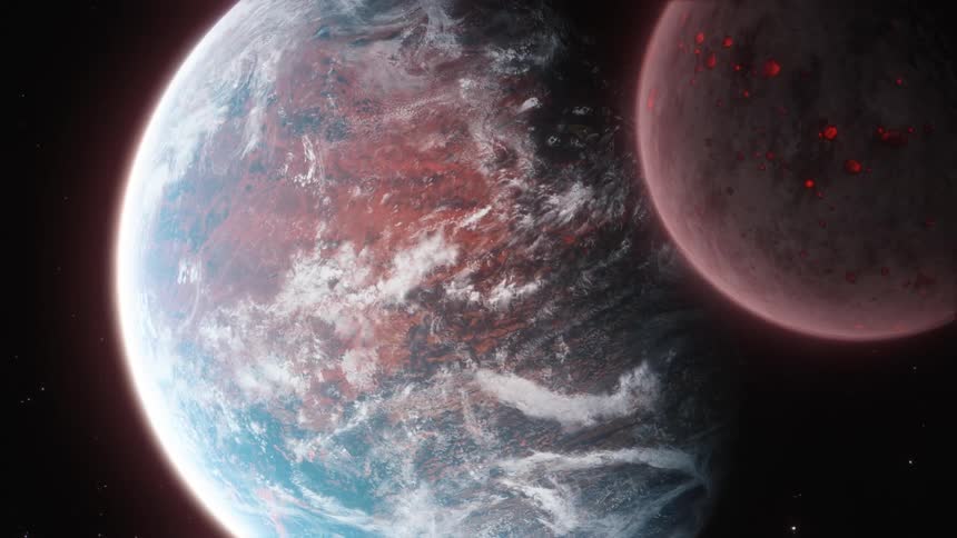 An Earth-like alien planet and its moon float  in space
