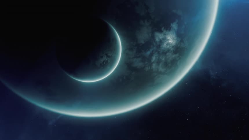 A small planet in outer space next to a larger planet in a dark star scattered sky