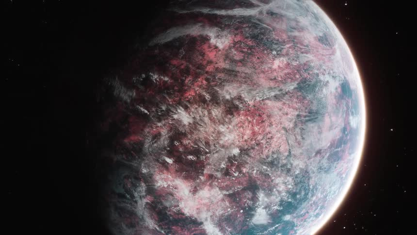 Continents and clouds on a planet floating in outer space by itself