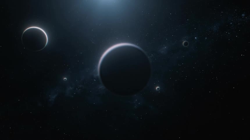 Sunlight shining over planets and moons orbiting in space