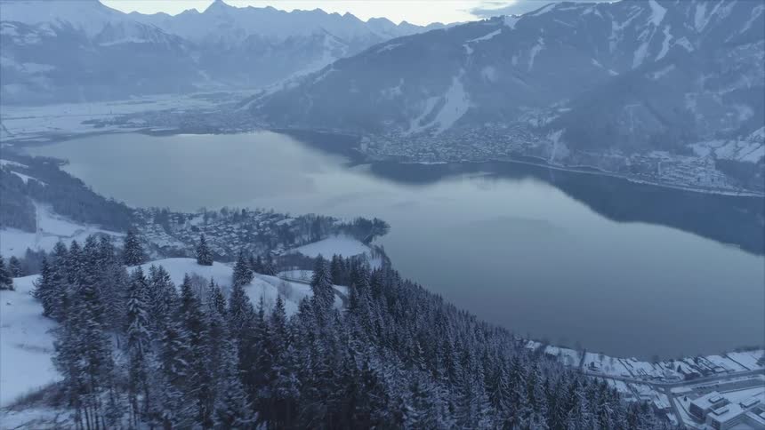 An aerial view of a river between mountains