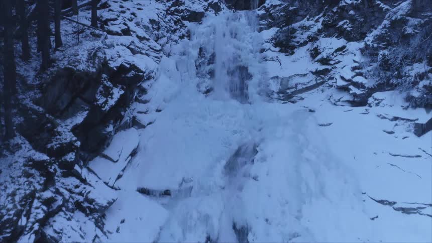 A river and waterfall surrounded by trees cliffs and snow
