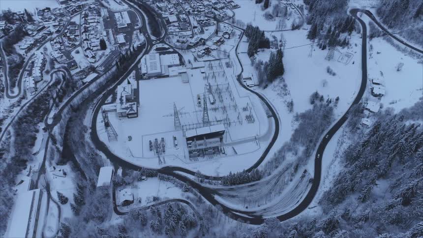 Aerial view of a rural area in winter is displayed