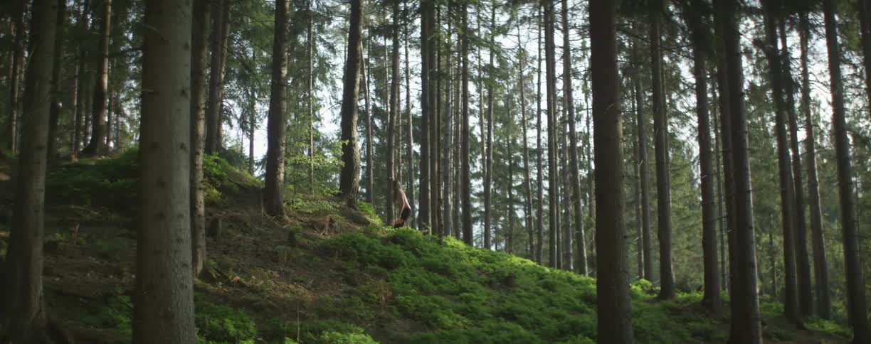 A female is hiking up a small hill in a forest