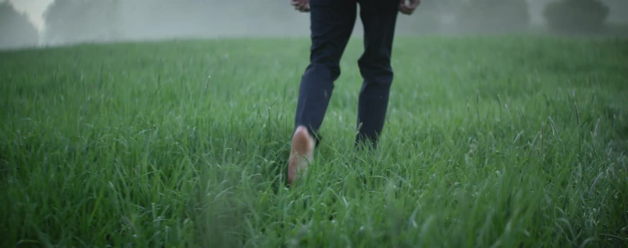 A person walking on a grassy field with trees the sky and clouds in the background