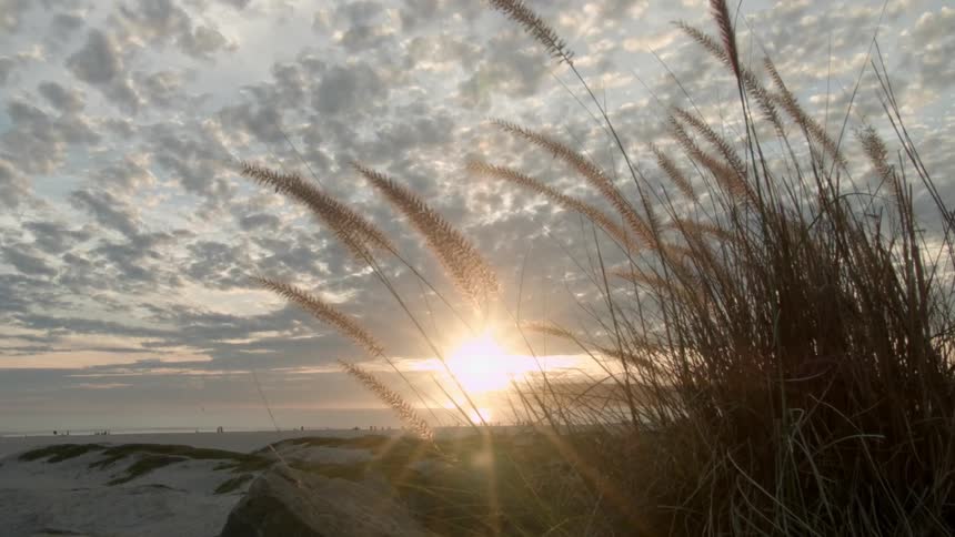 The sun is setting on this beach
