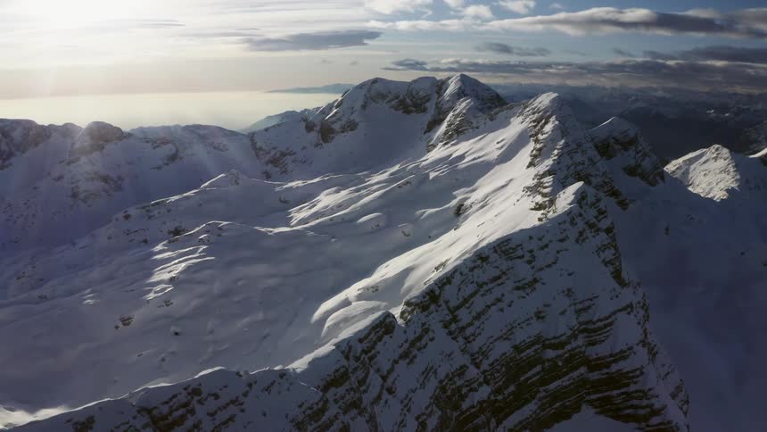Aerial view of snow covered mountains are displayed