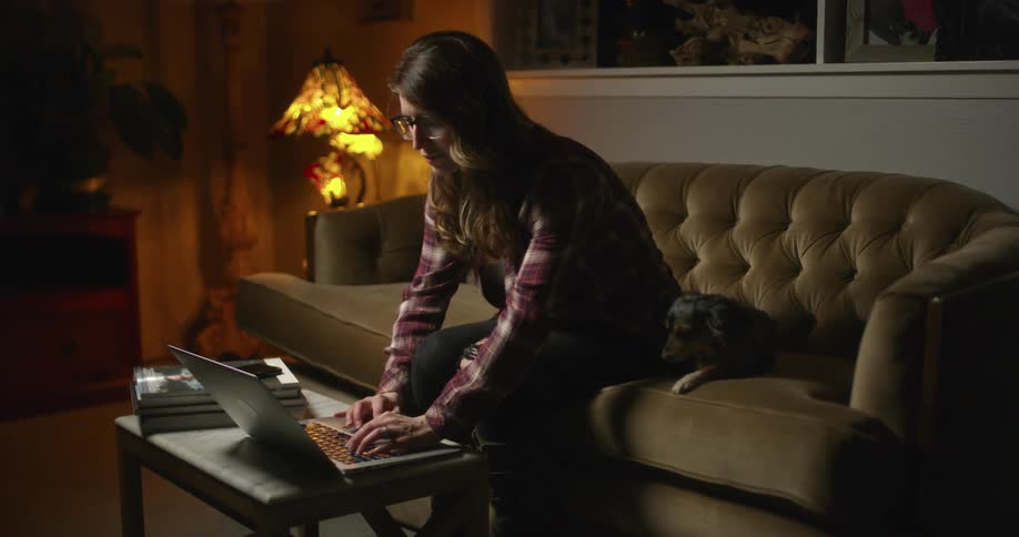 Woman sits in the couch next to her dog to write on a laptop at night