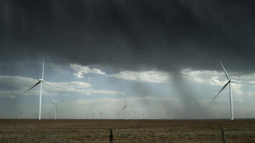 A landscape with a storm with lightning wind turbines the sky and clouds in the background