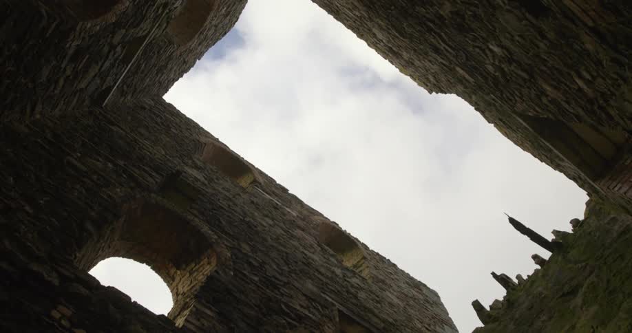 A bird flying over the ruins of a castle at daytime