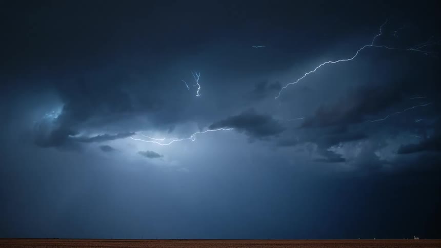 A storm with lightning with a landscape the sky and clouds in the background