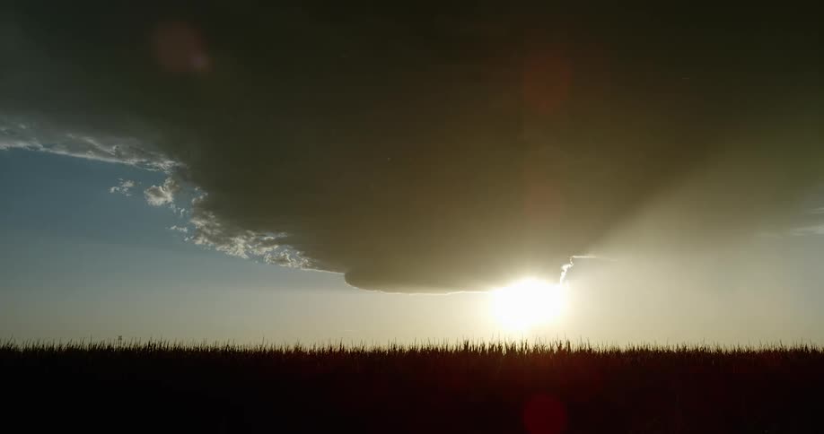 Lightning streaking arcs flashing over the silhouette of black clouds over a field at sunset